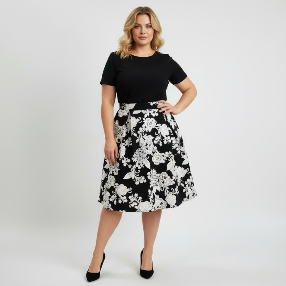 Black & White‎ Boho Bold Floral Painted A-Line Skirt Pleated Waist size Large